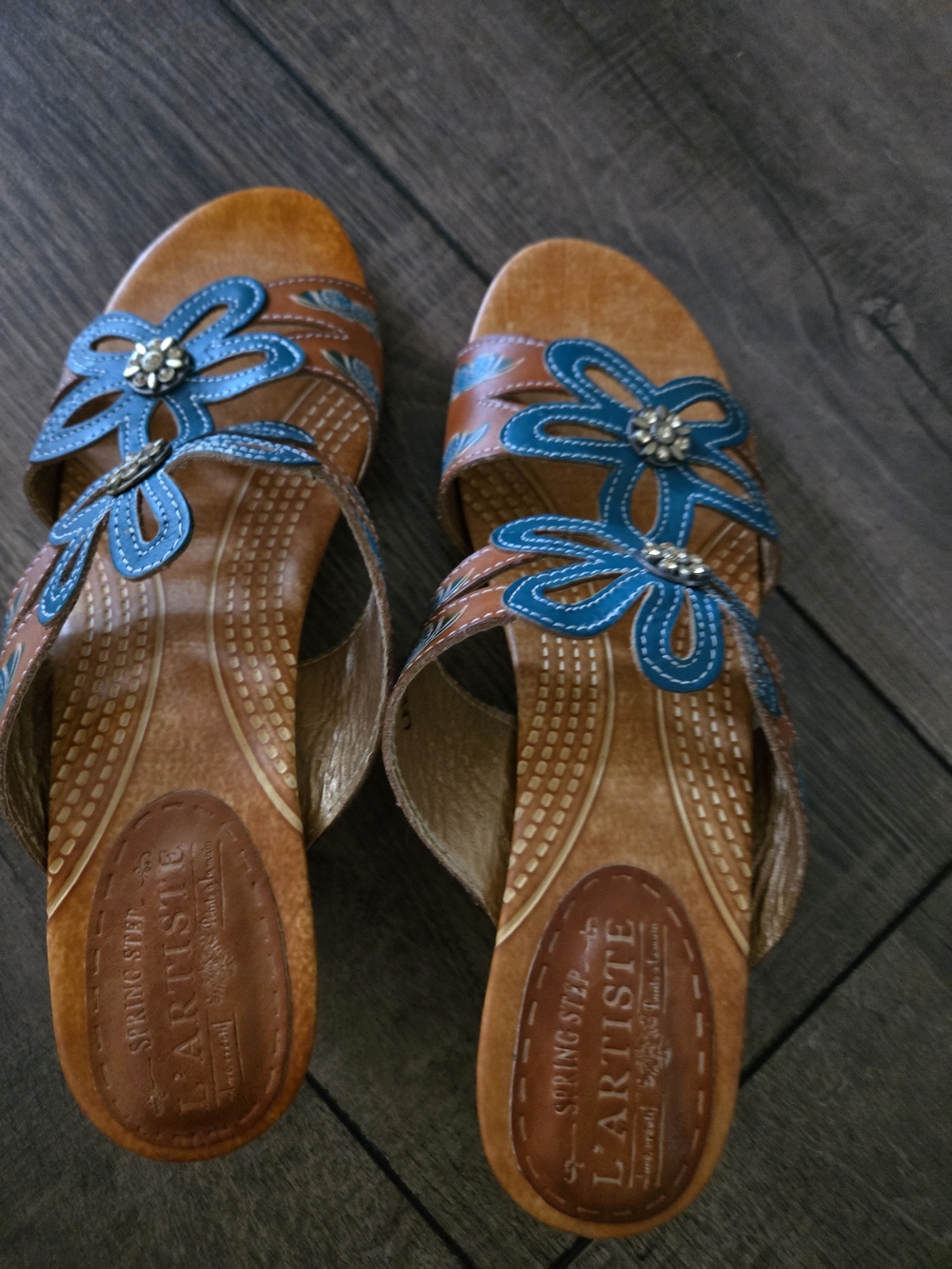 Spring Step Brown Sandals with Blue Floral Appliqués